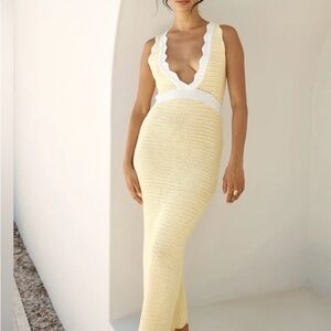 Fortunate One Crochet Scalloped V-Neck Maxi Dress in Soft Yellow & White